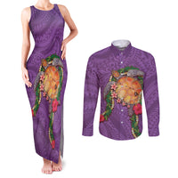 Hawaii Pikake and Maile Lei Couples Matching Tank Maxi Dress and Long Sleeve Button Shirt Honu Polynesian Pattern Pink Color