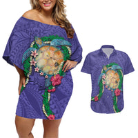 Hawaii Pikake and Maile Lei Couples Matching Off Shoulder Short Dress and Hawaiian Shirt Honu Polynesian Pattern Purple Color