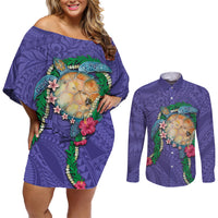 Hawaii Pikake and Maile Lei Couples Matching Off Shoulder Short Dress and Long Sleeve Button Shirt Honu Polynesian Pattern Purple Color LT03 Purple - Polynesian Pride