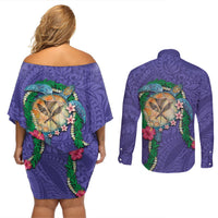 Hawaii Pikake and Maile Lei Couples Matching Off Shoulder Short Dress and Long Sleeve Button Shirt Honu Polynesian Pattern Purple Color LT03 - Polynesian Pride
