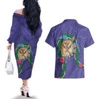 Hawaii Pikake and Maile Lei Couples Matching Off The Shoulder Long Sleeve Dress and Hawaiian Shirt Honu Polynesian Pattern Purple Color