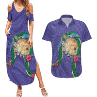 Hawaii Pikake and Maile Lei Couples Matching Summer Maxi Dress and Hawaiian Shirt Honu Polynesian Pattern Purple Color