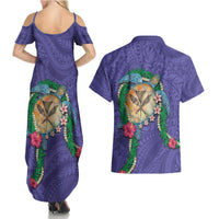 Hawaii Pikake and Maile Lei Couples Matching Summer Maxi Dress and Hawaiian Shirt Honu Polynesian Pattern Purple Color