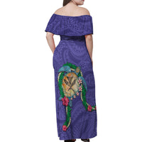 Hawaii Pikake and Maile Lei Family Matching Off Shoulder Maxi Dress and Hawaiian Shirt Honu Polynesian Pattern Purple Color