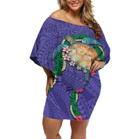 Hawaii Pikake and Maile Lei Off Shoulder Short Dress Honu Polynesian Pattern Purple Color LT03 Women Purple - Polynesian Pride