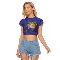 Hawaii Pikake and Maile Lei Raglan Cropped T Shirt Honu Polynesian Pattern Purple Color