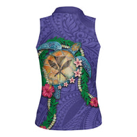 Hawaii Pikake and Maile Lei Women Sleeveless Polo Shirt Honu Polynesian Pattern Purple Color