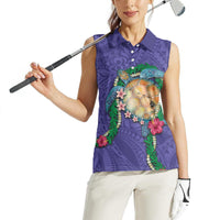 Hawaii Pikake and Maile Lei Women Sleeveless Polo Shirt Honu Polynesian Pattern Purple Color