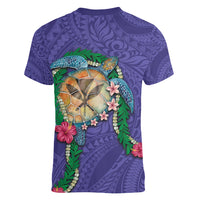 Hawaii Pikake and Maile Lei Women V-Neck T-Shirt Honu Polynesian Pattern Purple Color