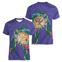 Hawaii Pikake and Maile Lei Women V-Neck T-Shirt Honu Polynesian Pattern Purple Color