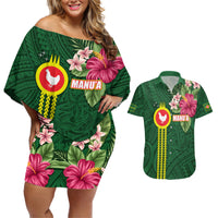Manu'a Cession Day 120th Anniversary Couples Matching Off Shoulder Short Dress and Hawaiian Shirt Polynesian Pattern and Hibiscus Flower LT03 Green - Polynesian Pride
