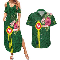 Manu'a Cession Day 120th Anniversary Couples Matching Summer Maxi Dress and Hawaiian Shirt Polynesian Pattern and Hibiscus Flower LT03 Green - Polynesian Pride