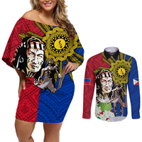 Philippines Lapu-Lapu Couples Matching Off Shoulder Short Dress and Long Sleeve Button Shirt Filipino Sun Tattoo With Yakan Pattern LT03 Red - Polynesian Pride