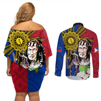 Philippines Lapu-Lapu Couples Matching Off Shoulder Short Dress and Long Sleeve Button Shirt Filipino Sun Tattoo With Yakan Pattern