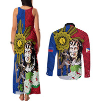 Philippines Lapu-Lapu Couples Matching Tank Maxi Dress and Long Sleeve Button Shirt Filipino Sun Tattoo With Yakan Pattern