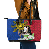 Philippines Lapu-Lapu Leather Tote Bag Filipino Sun Tattoo With Yakan Pattern