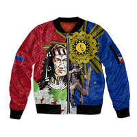 Philippines Lapu-Lapu Sleeve Zip Bomber Jacket Filipino Sun Tattoo With Yakan Pattern