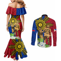 Philippines Lapu Lapu King Jasmine Flowers Couples Matching Mermaid Dress and Long Sleeve Button Shirt Filipino Sun Tattoo LT03 - Polynesian Pride