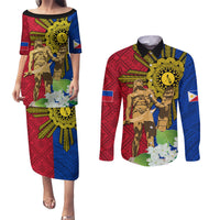 Philippines Lapu Lapu King Jasmine Flowers Couples Matching Puletasi and Long Sleeve Button Shirt Filipino Sun Tattoo LT03 Red - Polynesian Pride