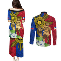Philippines Lapu Lapu King Jasmine Flowers Couples Matching Puletasi and Long Sleeve Button Shirt Filipino Sun Tattoo LT03 - Polynesian Pride