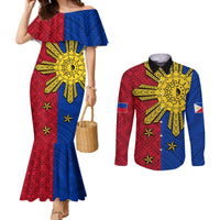 Philippines Sun Batok Tattoo Couples Matching Mermaid Dress and Long Sleeve Button Shirt Polynesian and Yakan Pattern LT03 Red - Polynesian Pride