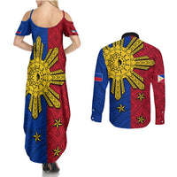 Philippines Sun Batok Tattoo Couples Matching Summer Maxi Dress and Long Sleeve Button Shirt Polynesian and Yakan Pattern