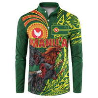 Proud of Manu'a Islands Button Sweatshirt Rooster and Polynesian Art Wing Style LT03 Green - Polynesian Pride