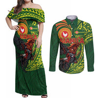 Proud of Manu'a Islands Couples Matching Off Shoulder Maxi Dress and Long Sleeve Button Shirt Rooster and Polynesian Art Wing Style