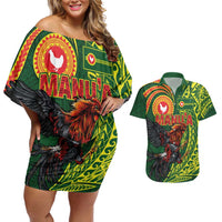 Proud of Manu'a Islands Couples Matching Off Shoulder Short Dress and Hawaiian Shirt Rooster and Polynesian Art Wing Style
