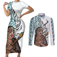 Maori Warrior Couples Matching Short Sleeve Bodycon Dress and Long Sleeve Button Shirts Silver Fern New Zealand Map With Kowhaiwhai Pattern LT03 Blue - Polynesian Pride