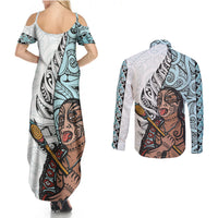 Maori Warrior Couples Matching Summer Maxi Dress and Long Sleeve Button Shirts Silver Fern New Zealand Map With Kowhaiwhai Pattern LT03 - Polynesian Pride