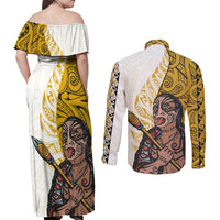 Maori Warrior Couples Matching Off Shoulder Maxi Dress and Long Sleeve Button Shirts Silver Fern New Zealand Map With Kowhaiwhai Pattern LT03 - Polynesian Pride