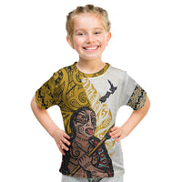 Maori Warrior Kid T Shirt Silver Fern New Zealand Map With Kowhaiwhai Pattern LT03 Gold - Polynesian Pride