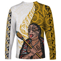 Maori Warrior Long Sleeve Shirt Silver Fern New Zealand Map With Kowhaiwhai Pattern LT03 - Polynesian Pride