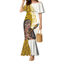 Maori Warrior Mermaid Dress Silver Fern New Zealand Map With Kowhaiwhai Pattern LT03 Women Gold - Polynesian Pride