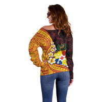 Tonga Culture Off Shoulder Sweater Ngatu Pattern with Plumeria and Hibiscus