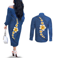 Polynesian Hibiscus and Plumeria with Tapa Pattern Couples Matching Off The Shoulder Long Sleeve Dress and Long Sleeve Button Shirt Blue Color