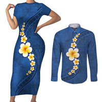 Polynesian Hibiscus and Plumeria with Tapa Pattern Couples Matching Short Sleeve Bodycon Dress and Long Sleeve Button Shirt Blue Color