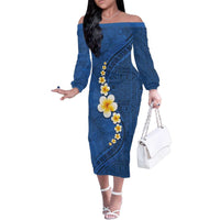 Polynesian Hibiscus and Plumeria with Tapa Pattern Family Matching Off The Shoulder Long Sleeve Dress and Hawaiian Shirt Blue Color