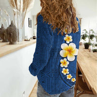 Polynesian Hibiscus and Plumeria with Tapa Pattern Women Casual Shirt Blue Color