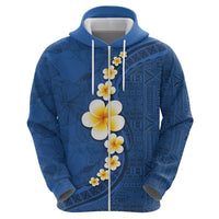 Polynesian Hibiscus and Plumeria with Tapa Pattern Zip Hoodie Blue Color