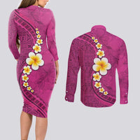 Polynesian Hibiscus and Plumeria with Tapa Pattern Couples Matching Long Sleeve Bodycon Dress and Long Sleeve Button Shirt Pink Color