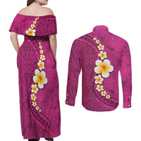Polynesian Hibiscus and Plumeria with Tapa Pattern Couples Matching Off Shoulder Maxi Dress and Long Sleeve Button Shirt Pink Color LT03 - Polynesian Pride