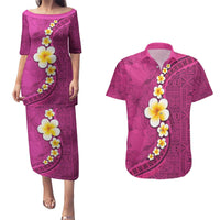 Polynesian Hibiscus and Plumeria with Tapa Pattern Couples Matching Puletasi and Hawaiian Shirt Pink Color LT03 Pink - Polynesian Pride