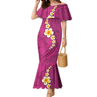 Polynesian Hibiscus and Plumeria with Tapa Pattern Family Matching Mermaid Dress and Hawaiian Shirt Pink Color