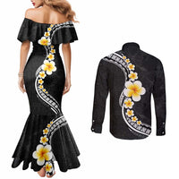 Pacific Hibiscus and Plumeria with Tapa Pattern Couples Matching Mermaid Dress and Long Sleeve Button Shirt Black Color