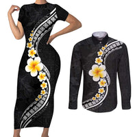 Pacific Hibiscus and Plumeria with Tapa Pattern Couples Matching Short Sleeve Bodycon Dress and Long Sleeve Button Shirt Black Color