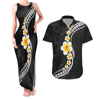 Pacific Hibiscus and Plumeria with Tapa Pattern Couples Matching Tank Maxi Dress and Hawaiian Shirt Black Color