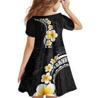 Pacific Hibiscus and Plumeria with Tapa Pattern Kid Short Sleeve Dress Black Color LT03 - Polynesian Pride