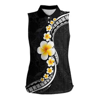 Pacific Hibiscus and Plumeria with Tapa Pattern Women Sleeveless Polo Shirt Black Color LT03 Female Black - Polynesian Pride